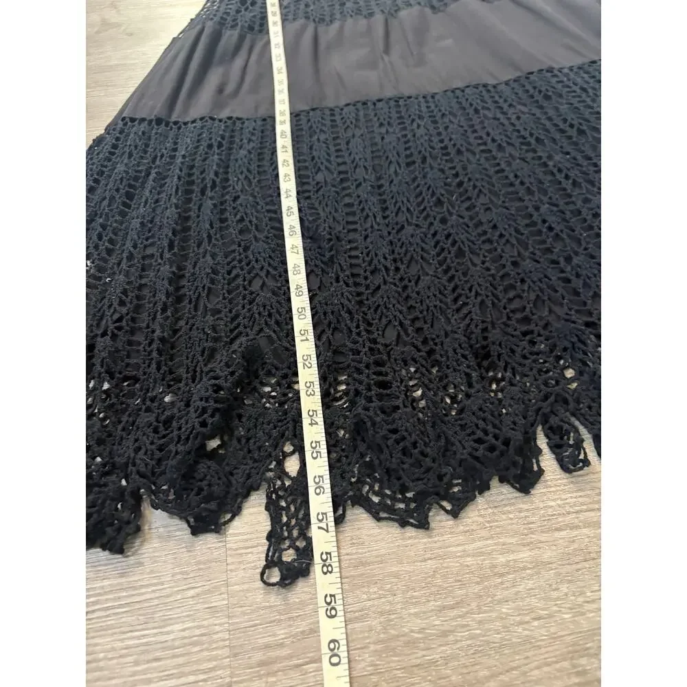 VTG Y2K Black Cotton Boho Maxi Dress Medium Smocked Crochet Knit‎ Slip Casual